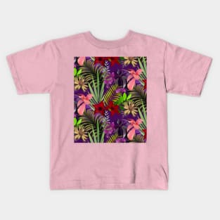 Elegant tropical flowers and leaves pattern purple illustration, pink tropical pattern over a Kids T-Shirt